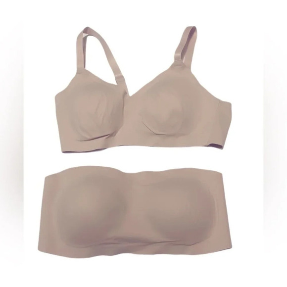 NWT 2x Aerie beige seamlesss lightweght strappy padded stretch comfortable bra L - Picture 2 of 2